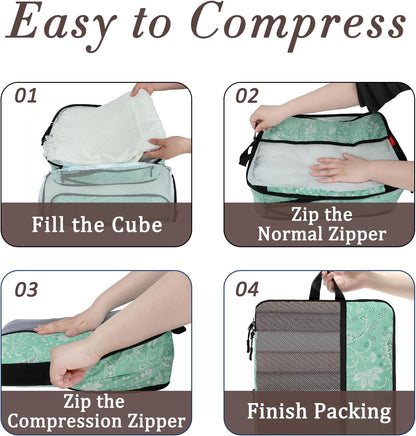 Compression Packing Cubes - Ultralight Travel Organizers with Laundry Bag, Space-Saving Suitcase Organizer, Expandable Packing Cubes for Travel and Family Vacation (Paisley Pattern)