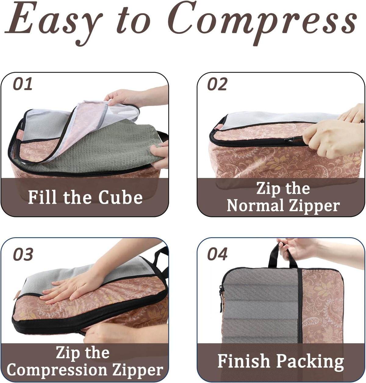 Compression Packing Cubes - Ultralight Travel Organizers with Laundry Bag, Space-Saving Suitcase Organizer, Expandable Packing Cubes for Travel and Family Vacation (Paisley Pattern)