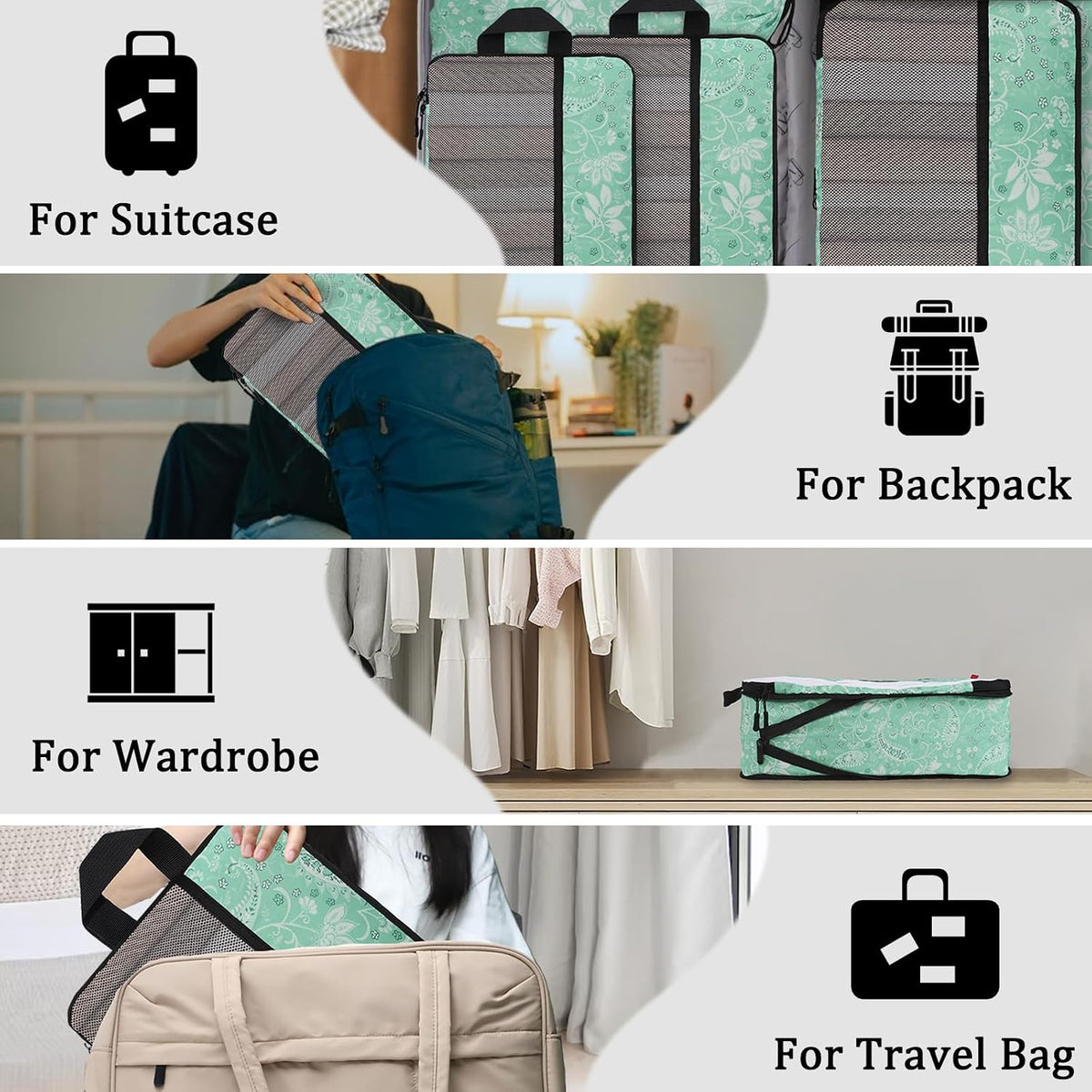 Compression Packing Cubes - Ultralight Travel Organizers with Laundry Bag, Space-Saving Suitcase Organizer, Expandable Packing Cubes for Travel and Family Vacation (Paisley Pattern)