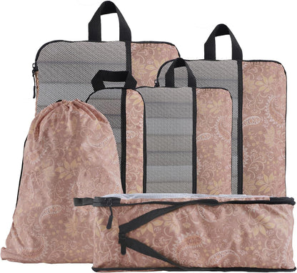Compression Packing Cubes - Ultralight Travel Organizers with Laundry Bag, Space-Saving Suitcase Organizer, Expandable Packing Cubes for Travel and Family Vacation (Paisley Pattern)