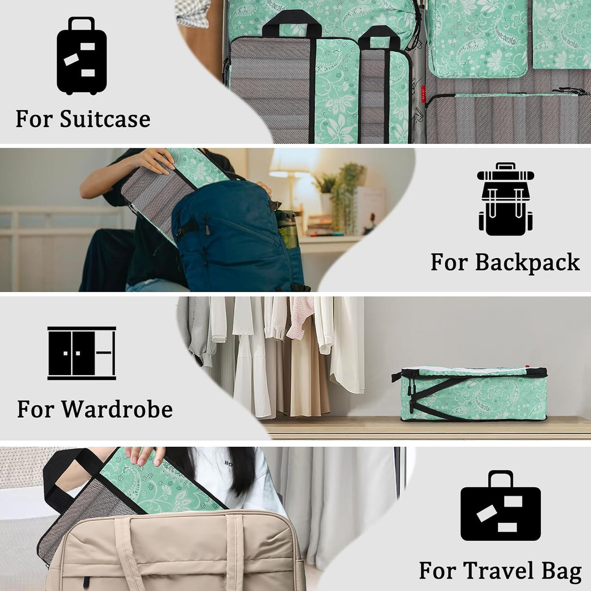 Compression Packing Cubes - Ultralight Travel Organizers with Laundry Bag, Space-Saving Suitcase Organizer, Expandable Packing Cubes for Travel and Family Vacation (Paisley Pattern)