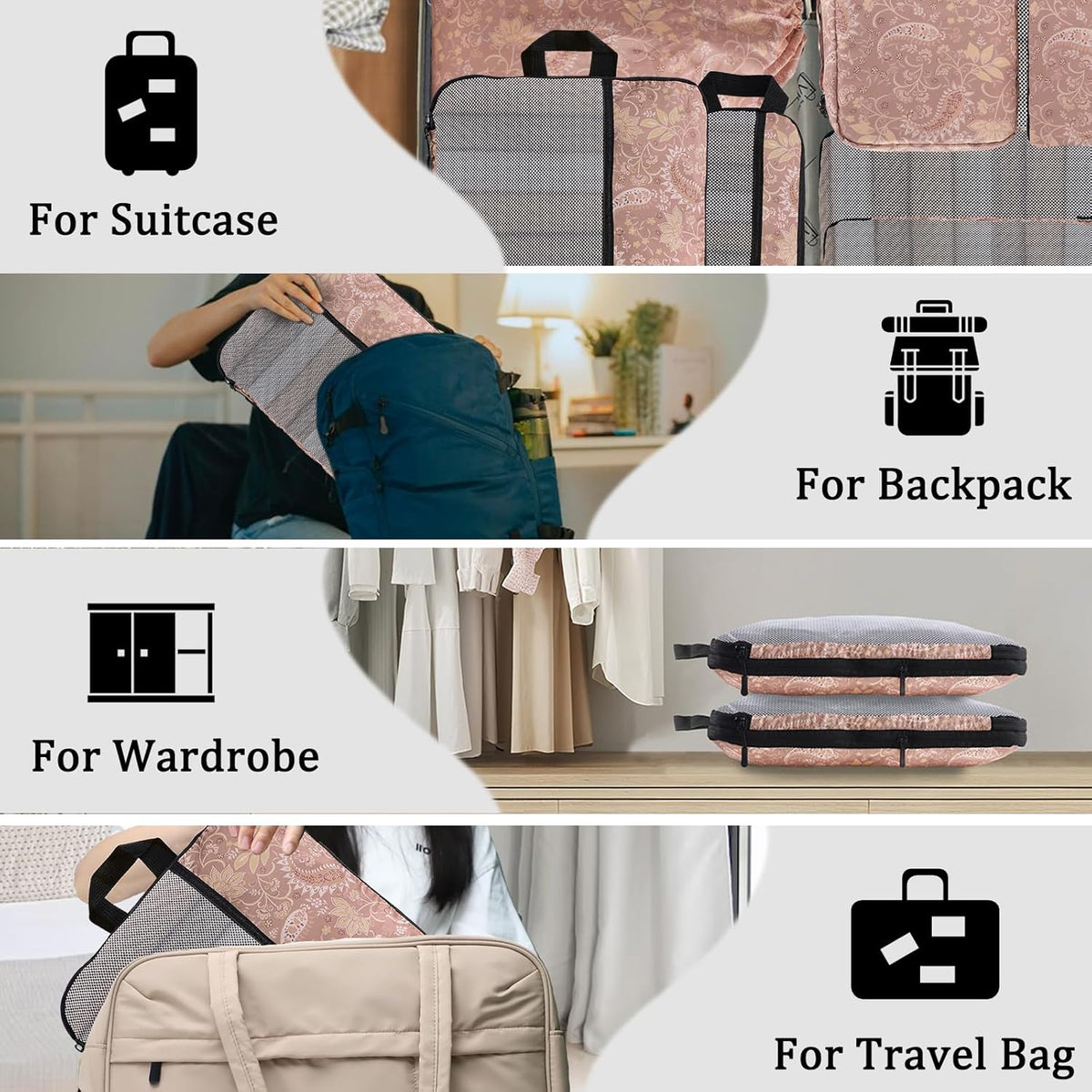 Compression Packing Cubes - Ultralight Travel Organizers with Laundry Bag, Space-Saving Suitcase Organizer, Expandable Packing Cubes for Travel and Family Vacation (Paisley Pattern)