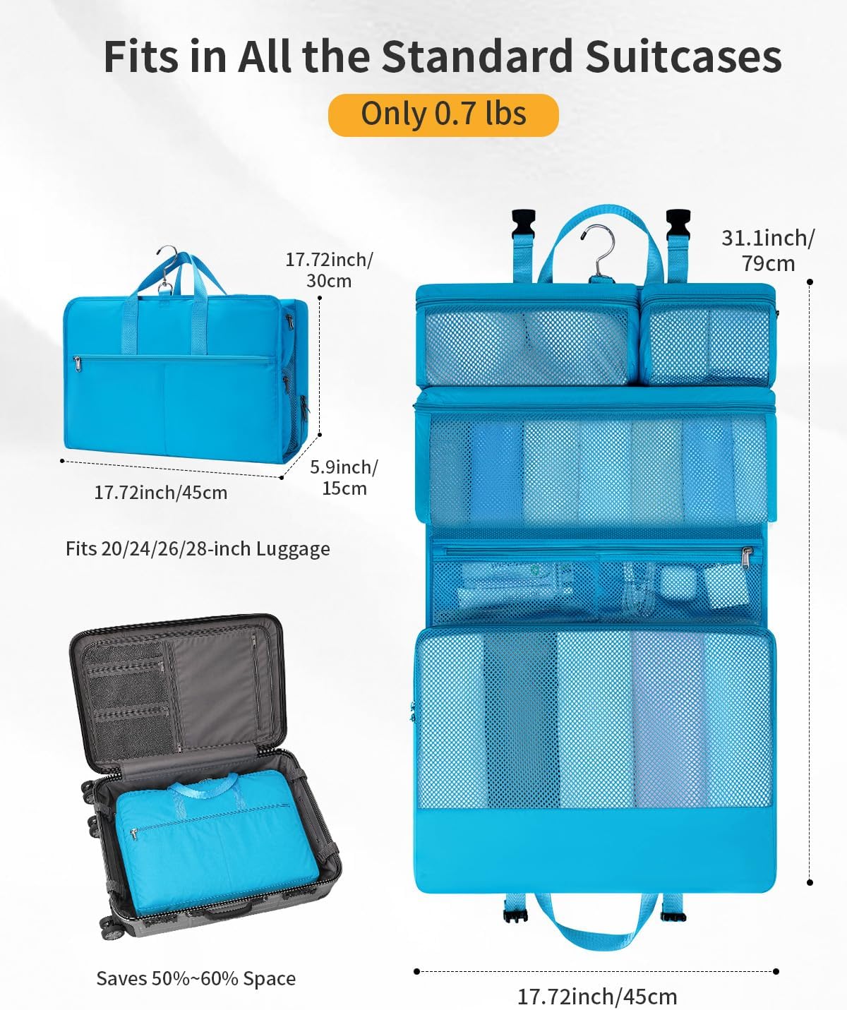 Hanging Travel Closet Portable Luggage Organizer Carry-on Packing Bag,Teal