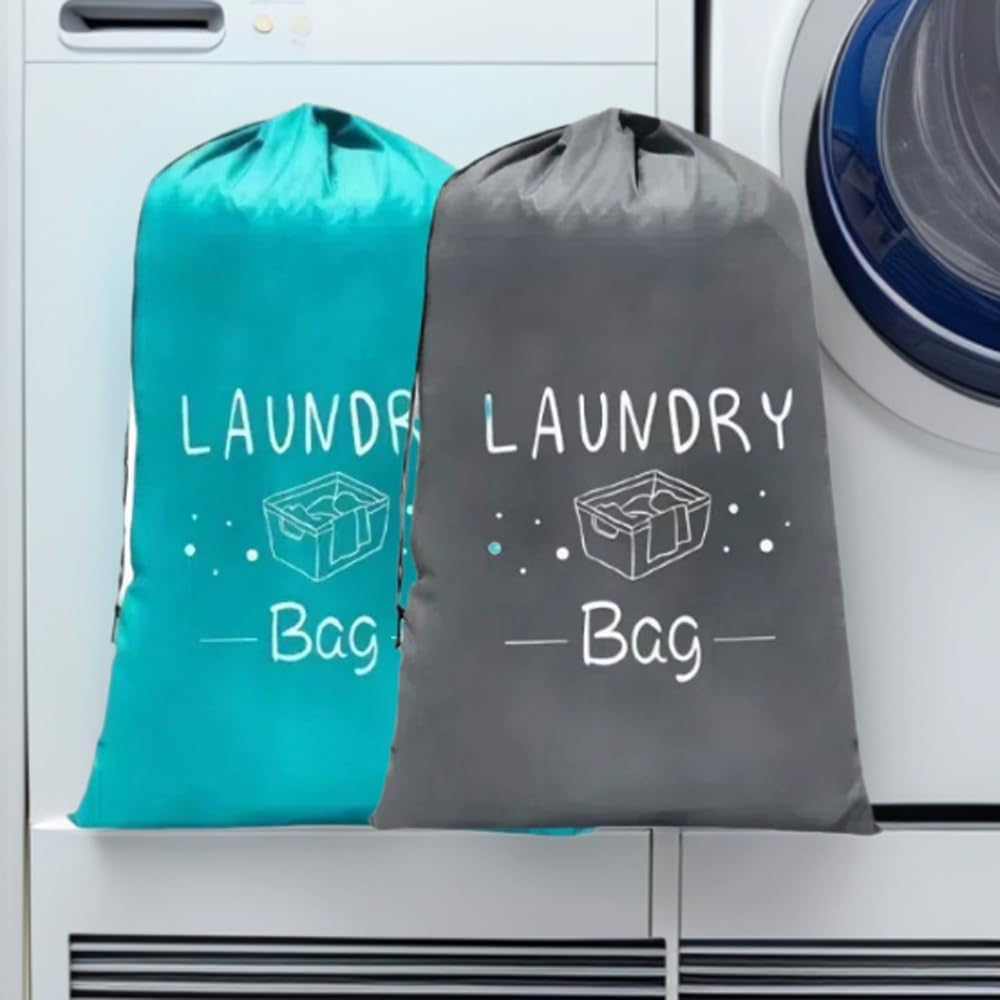 2 Pack XL Travel Laundry Bag, Dirty Clothes Organizer with Drawstring, Large Enough to Hold 4 Loads of Laundry， Easy Fit a Laundry Hamper or Basket，24" x 36" (Grey+Blue)
