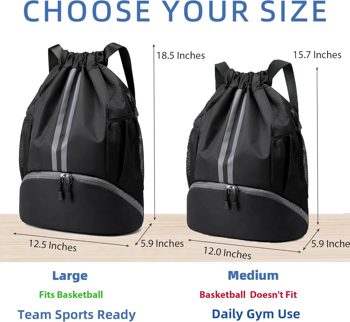 Drawstring Backpack Gym Bag with Shoes Compartment for Soccer, Basketball, Swim, Water-Resistant String Backpack Beach Cinch for Women Men