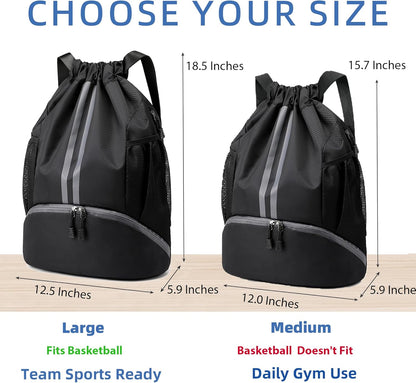 Drawstring Backpack Gym Bag with Shoes Compartment for Soccer, Basketball, Swim, Water-Resistant String Backpack Beach Cinch for Women Men