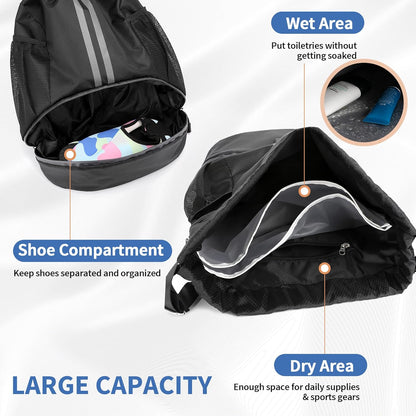 Drawstring Backpack Gym Bag with Shoes Compartment for Soccer, Basketball, Swim, Water-Resistant String Backpack Beach Cinch for Women Men