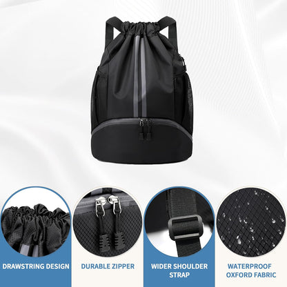 Drawstring Backpack Gym Bag with Shoes Compartment for Soccer, Basketball, Swim, Water-Resistant String Backpack Beach Cinch for Women Men