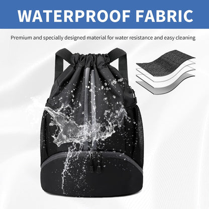Drawstring Backpack Gym Bag with Shoes Compartment for Soccer, Basketball, Swim, Water-Resistant String Backpack Beach Cinch for Women Men