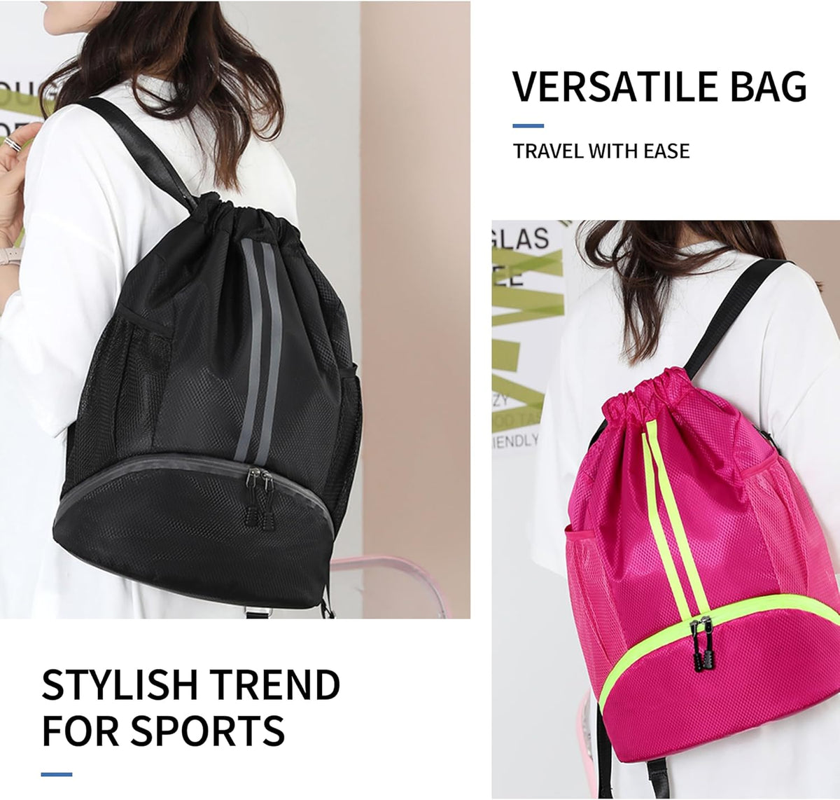 Drawstring Backpack Gym Bag with Shoes Compartment for Soccer, Basketball, Swim, Water-Resistant String Backpack Beach Cinch for Women Men