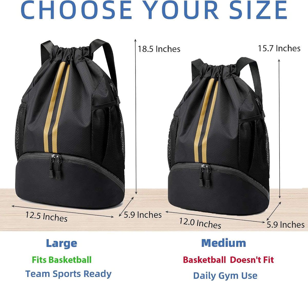 Drawstring Backpack Gym Bag with Shoes Compartment for Soccer, Basketball, Swim, Water-Resistant String Backpack Beach Cinch for Women Men