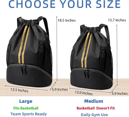Drawstring Backpack Gym Bag with Shoes Compartment for Soccer, Basketball, Swim, Water-Resistant String Backpack Beach Cinch for Women Men