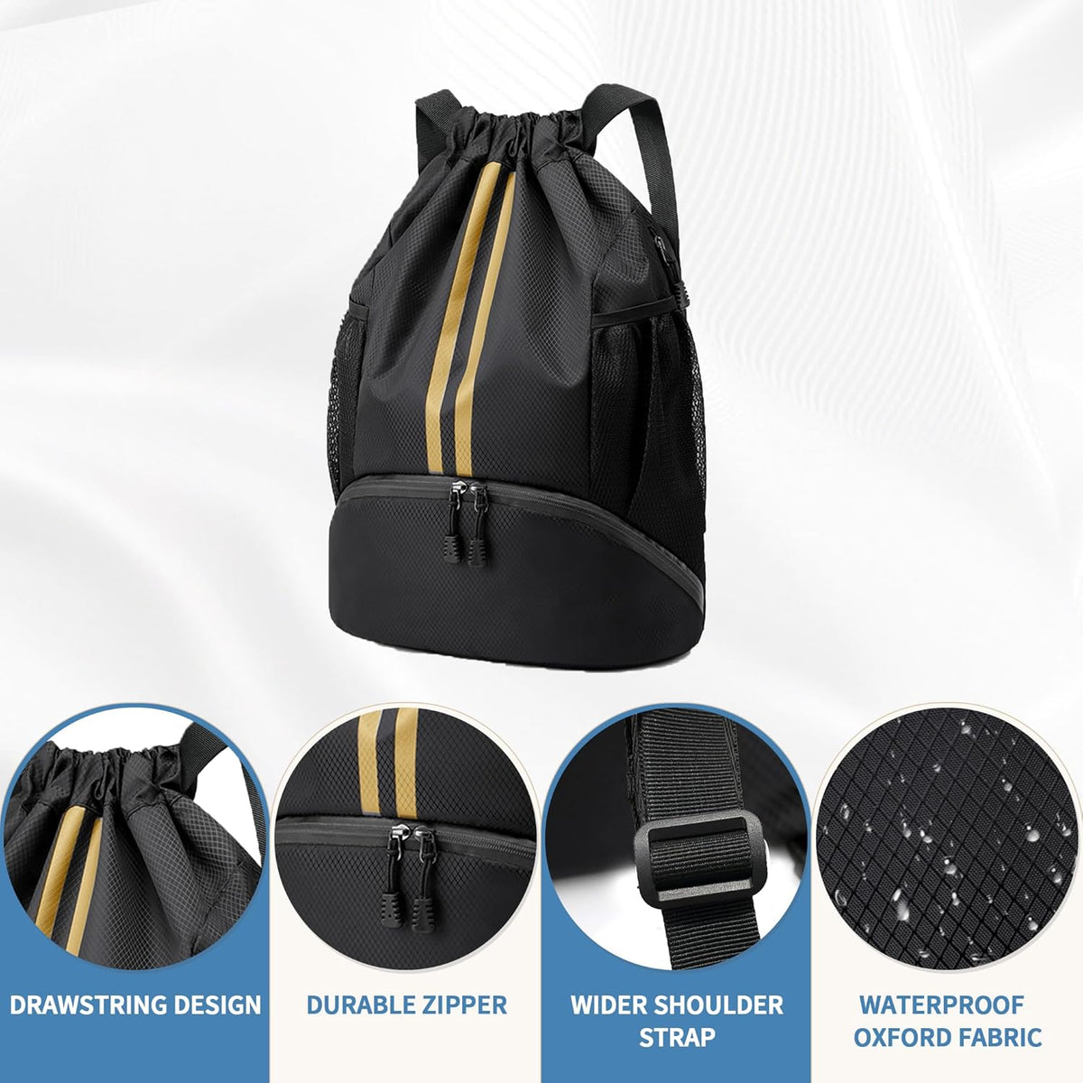 Drawstring Backpack Gym Bag with Shoes Compartment for Soccer, Basketball, Swim, Water-Resistant String Backpack Beach Cinch for Women Men