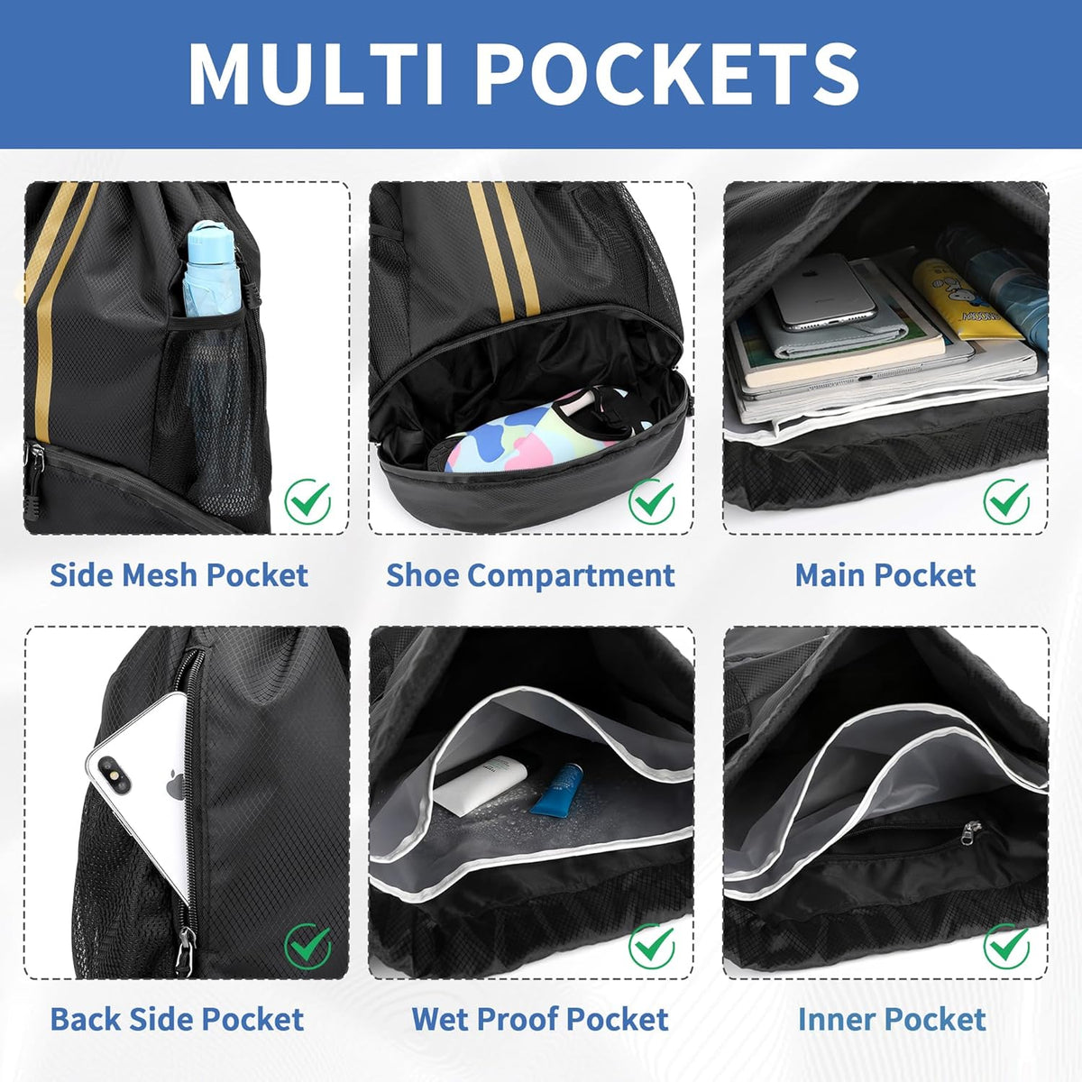 Drawstring Backpack Gym Bag with Shoes Compartment for Soccer, Basketball, Swim, Water-Resistant String Backpack Beach Cinch for Women Men