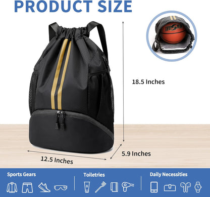 Drawstring Backpack Gym Bag with Shoes Compartment for Soccer, Basketball, Swim, Water-Resistant String Backpack Beach Cinch for Women Men
