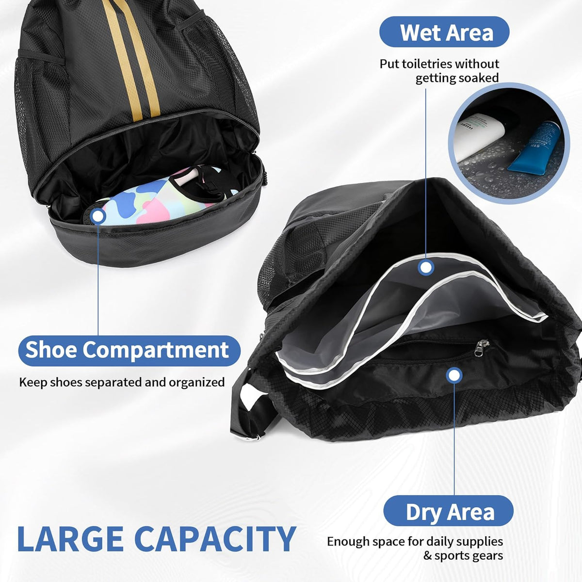 Drawstring Backpack Gym Bag with Shoes Compartment for Soccer, Basketball, Swim, Water-Resistant String Backpack Beach Cinch for Women Men