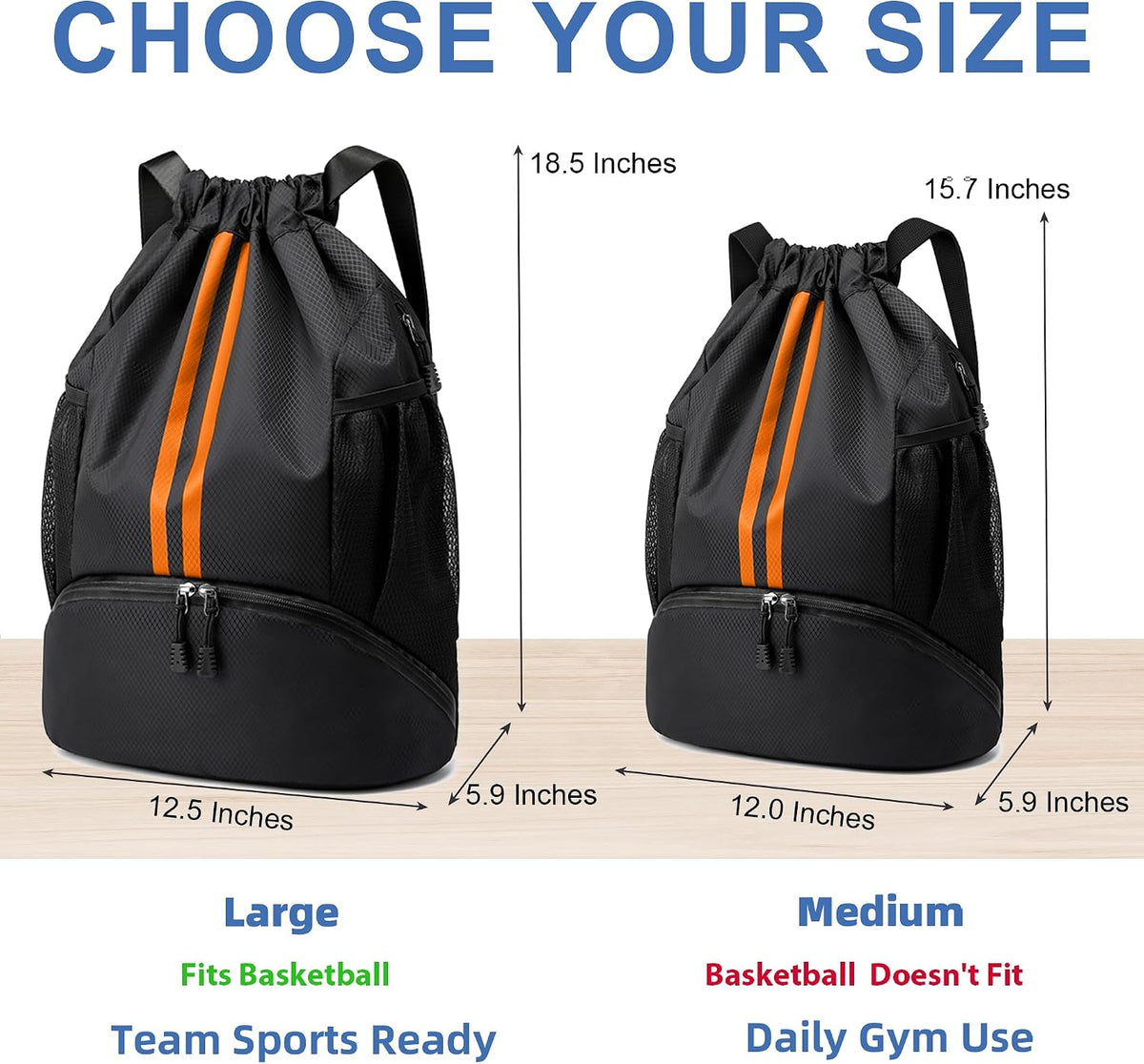 Drawstring Backpack Gym Bag with Shoes Compartment for Soccer, Basketball, Swim, Water-Resistant String Backpack Beach Cinch for Women Men