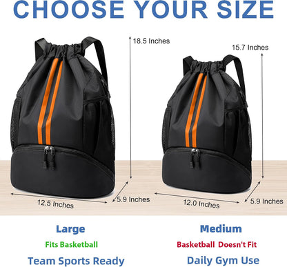 Drawstring Backpack Gym Bag with Shoes Compartment for Soccer, Basketball, Swim, Water-Resistant String Backpack Beach Cinch for Women Men