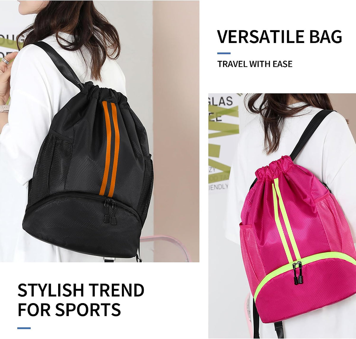 Drawstring Backpack Gym Bag with Shoes Compartment for Soccer, Basketball, Swim, Water-Resistant String Backpack Beach Cinch for Women Men