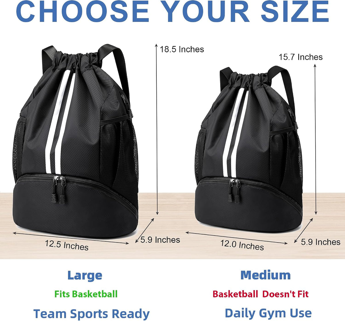 Drawstring Backpack Gym Bag with Shoes Compartment for Soccer, Basketball, Swim, Water-Resistant String Backpack Beach Cinch for Women Men