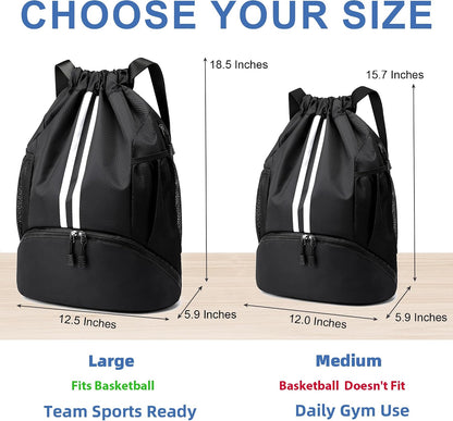 Drawstring Backpack Gym Bag with Shoes Compartment for Soccer, Basketball, Swim, Water-Resistant String Backpack Beach Cinch for Women Men