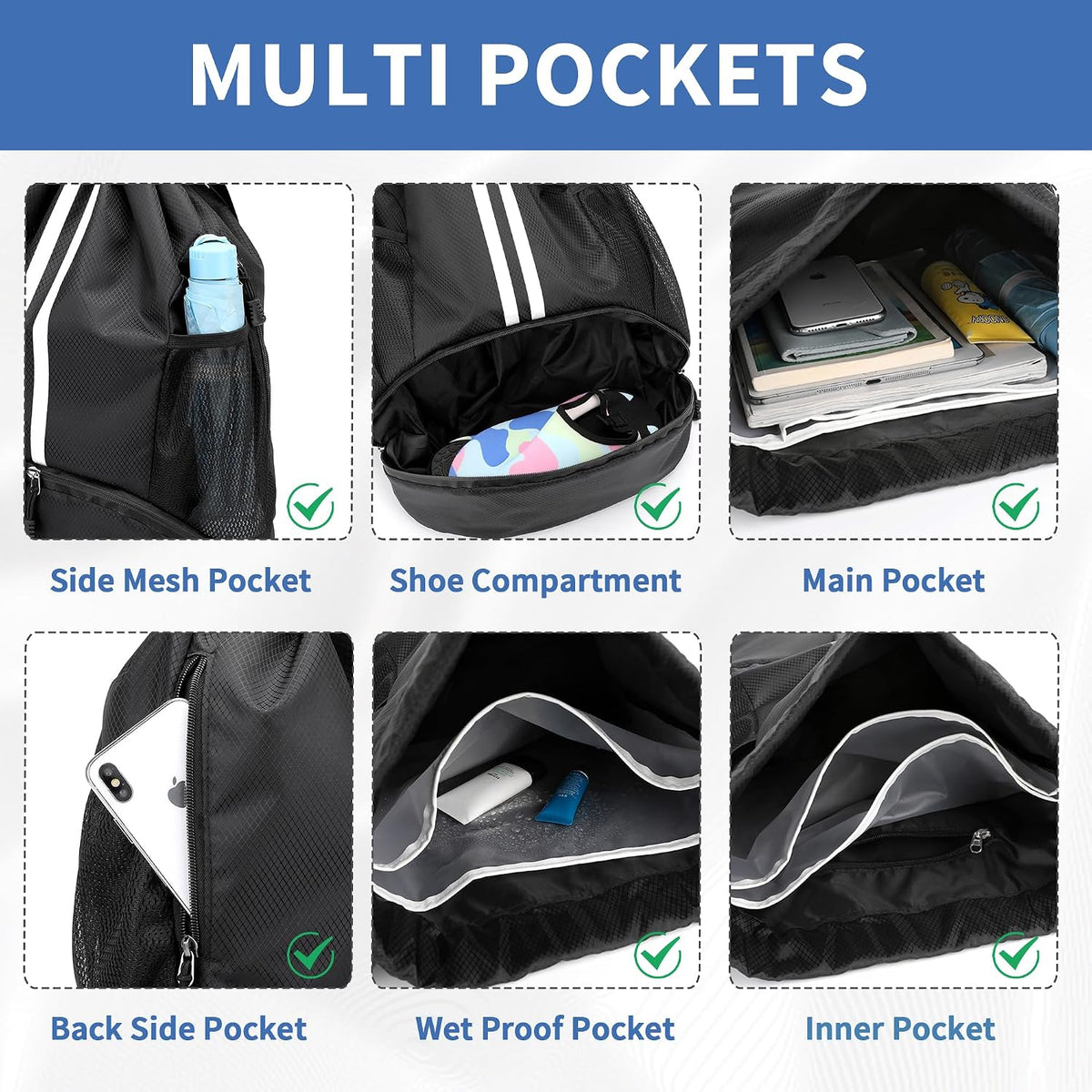 Drawstring Backpack Gym Bag with Shoes Compartment for Soccer, Basketball, Swim, Water-Resistant String Backpack Beach Cinch for Women Men