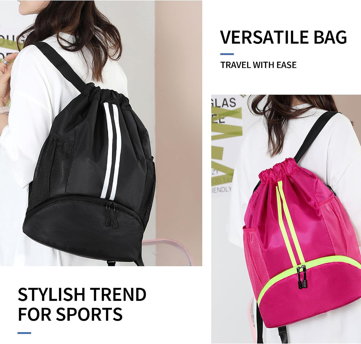 Drawstring Backpack Gym Bag with Shoes Compartment for Soccer, Basketball, Swim, Water-Resistant String Backpack Beach Cinch for Women Men
