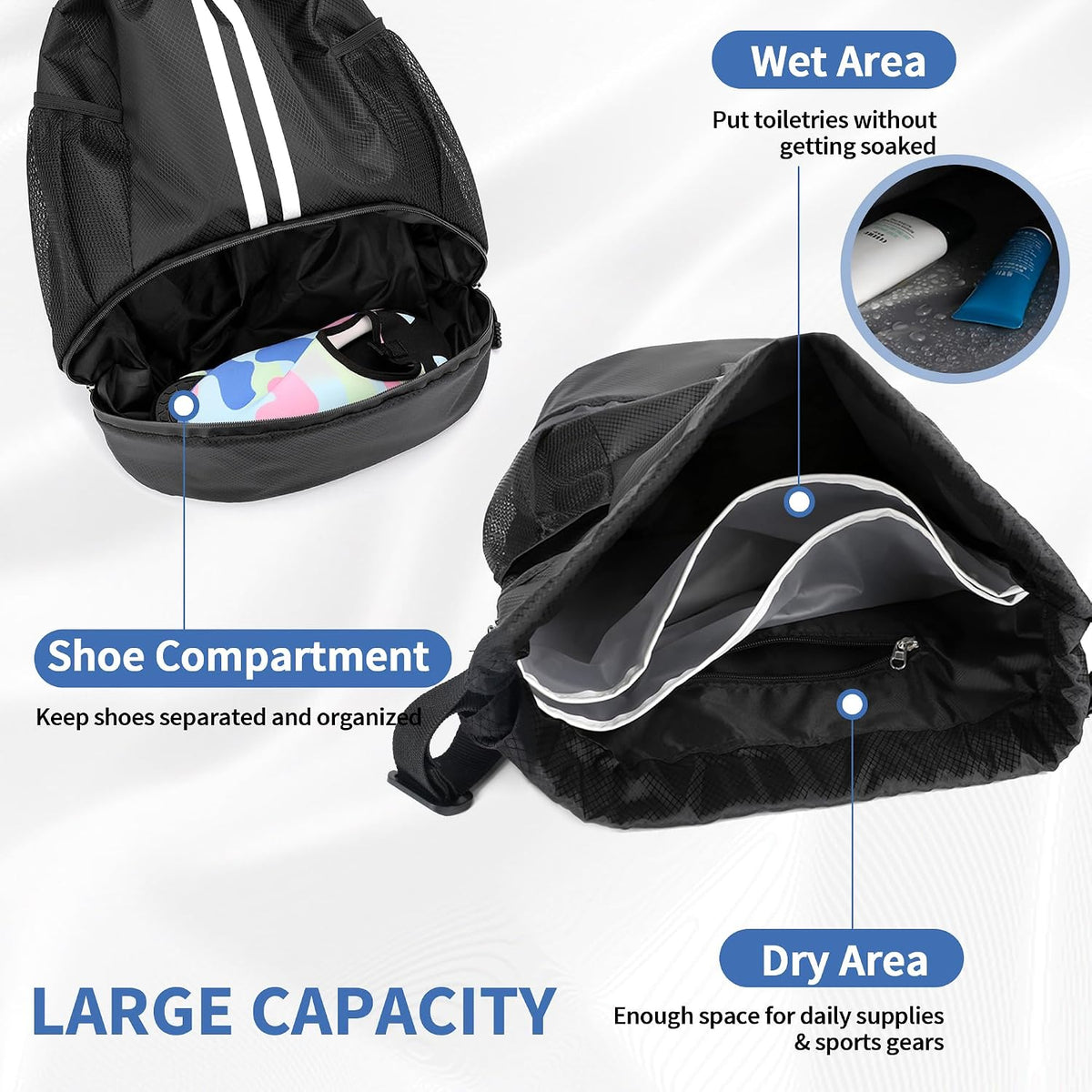 Drawstring Backpack Gym Bag with Shoes Compartment for Soccer, Basketball, Swim, Water-Resistant String Backpack Beach Cinch for Women Men