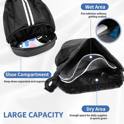 Drawstring Backpack Gym Bag with Shoes Compartment for Soccer, Basketball, Swim, Water-Resistant String Backpack Beach Cinch for Women Men