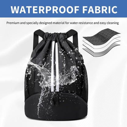 Drawstring Backpack Gym Bag with Shoes Compartment for Soccer, Basketball, Swim, Water-Resistant String Backpack Beach Cinch for Women Men