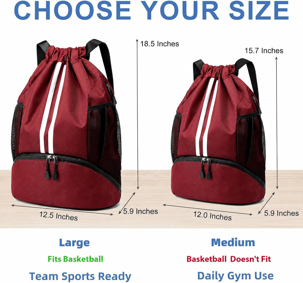Drawstring Backpack Gym Bag with Shoes Compartment for Soccer, Basketball, Swim, Water-Resistant String Backpack Beach Cinch for Women Men