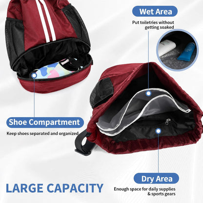 Drawstring Backpack Gym Bag with Shoes Compartment for Soccer, Basketball, Swim, Water-Resistant String Backpack Beach Cinch for Women Men