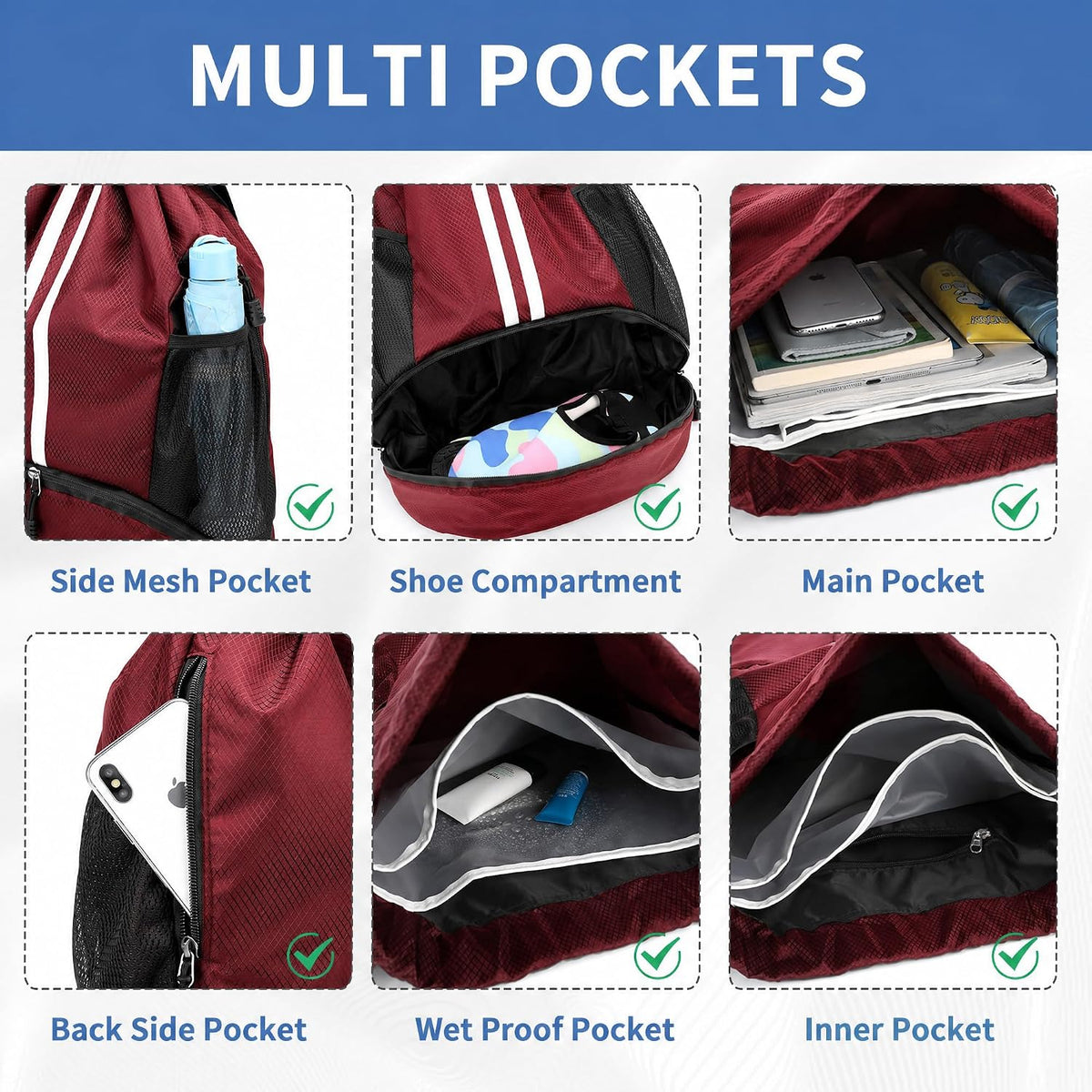 Drawstring Backpack Gym Bag with Shoes Compartment for Soccer, Basketball, Swim, Water-Resistant String Backpack Beach Cinch for Women Men