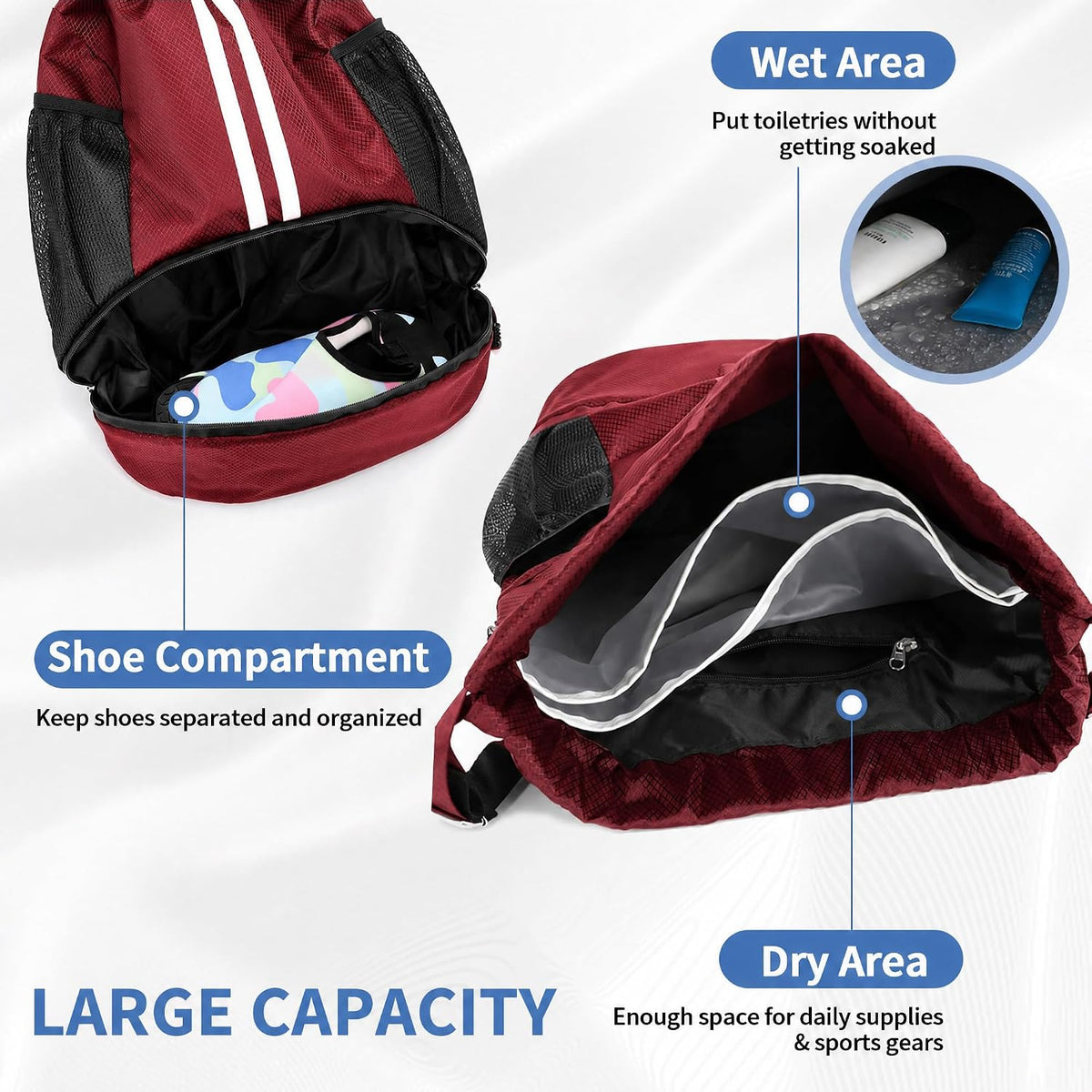Drawstring Backpack Gym Bag with Shoes Compartment for Soccer, Basketball, Swim, Water-Resistant String Backpack Beach Cinch for Women Men