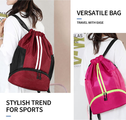 Drawstring Backpack Gym Bag with Shoes Compartment for Soccer, Basketball, Swim, Water-Resistant String Backpack Beach Cinch for Women Men
