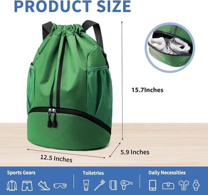 Drawstring Backpack Gym Bag with Shoes Compartment for Soccer, Basketball, Swim, Water-Resistant String Backpack Beach Cinch for Women Men