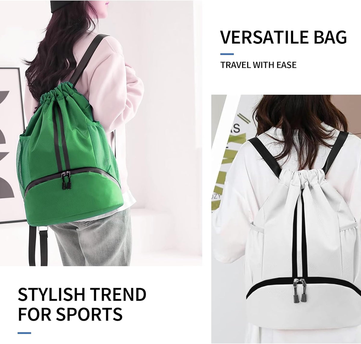 Drawstring Backpack Gym Bag with Shoes Compartment for Soccer, Basketball, Swim, Water-Resistant String Backpack Beach Cinch for Women Men