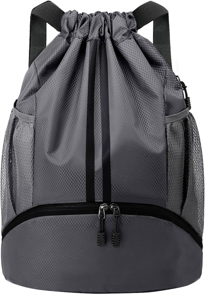 Drawstring Backpack Gym Bag with Shoes Compartment for Soccer, Basketball, Swim, Water-Resistant String Backpack Beach Cinch for Women Men