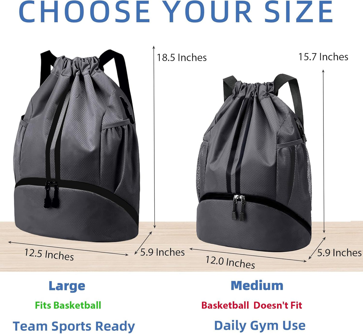 Drawstring Backpack Gym Bag with Shoes Compartment for Soccer, Basketball, Swim, Water-Resistant String Backpack Beach Cinch for Women Men