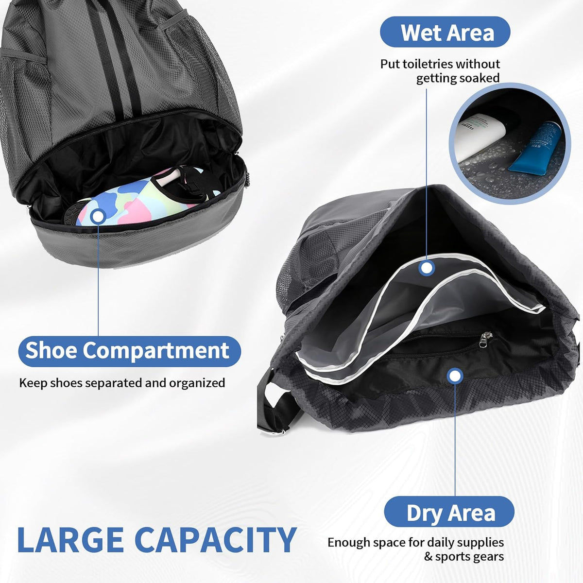 Drawstring Backpack Gym Bag with Shoes Compartment for Soccer, Basketball, Swim, Water-Resistant String Backpack Beach Cinch for Women Men