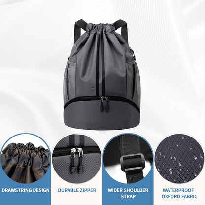 Drawstring Backpack Gym Bag with Shoes Compartment for Soccer, Basketball, Swim, Water-Resistant String Backpack Beach Cinch for Women Men