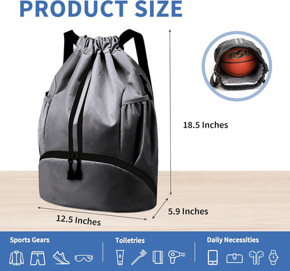 Drawstring Backpack Gym Bag with Shoes Compartment for Soccer, Basketball, Swim, Water-Resistant String Backpack Beach Cinch for Women Men