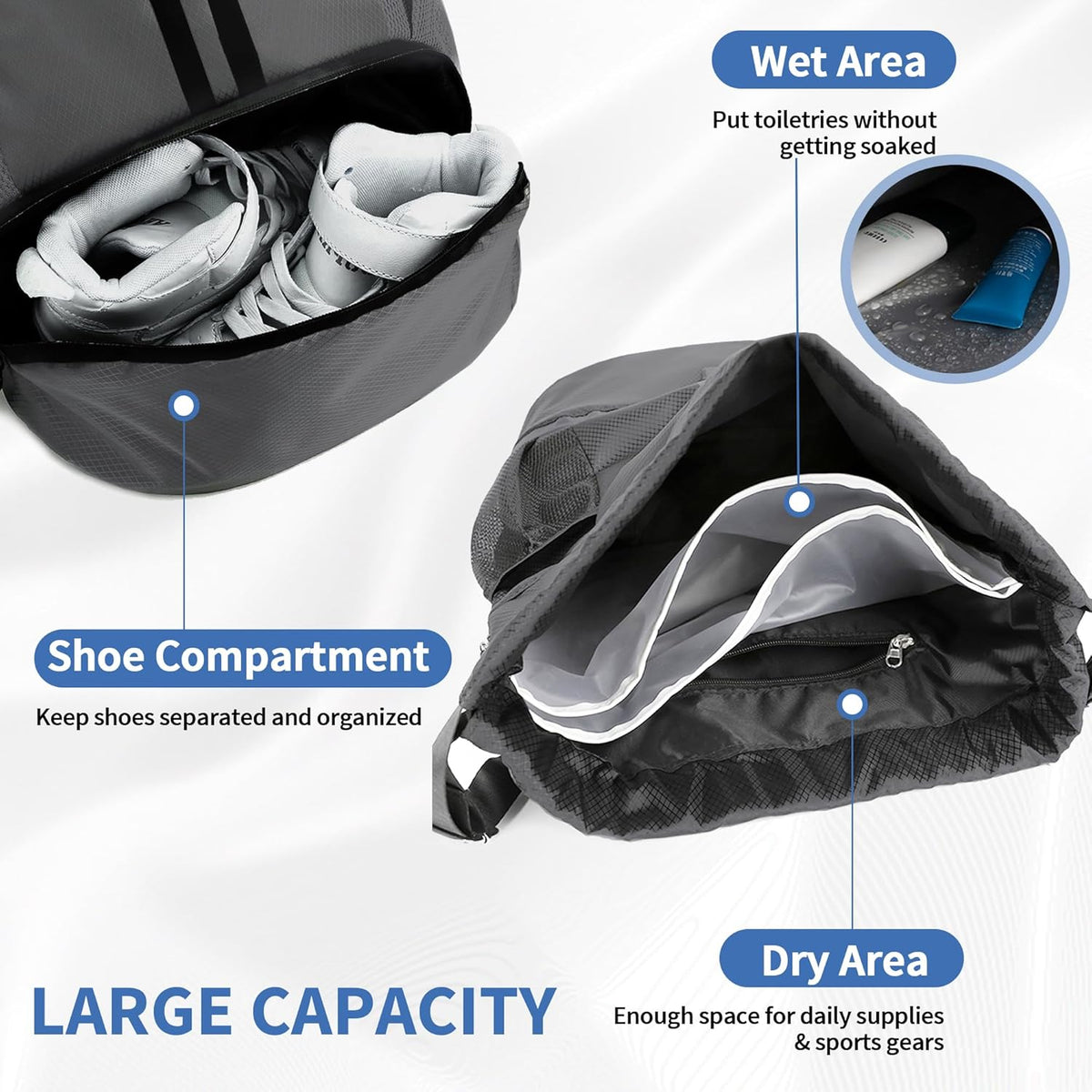 Drawstring Backpack Gym Bag with Shoes Compartment for Soccer, Basketball, Swim, Water-Resistant String Backpack Beach Cinch for Women Men
