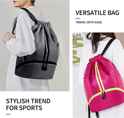 Drawstring Backpack Gym Bag with Shoes Compartment for Soccer, Basketball, Swim, Water-Resistant String Backpack Beach Cinch for Women Men