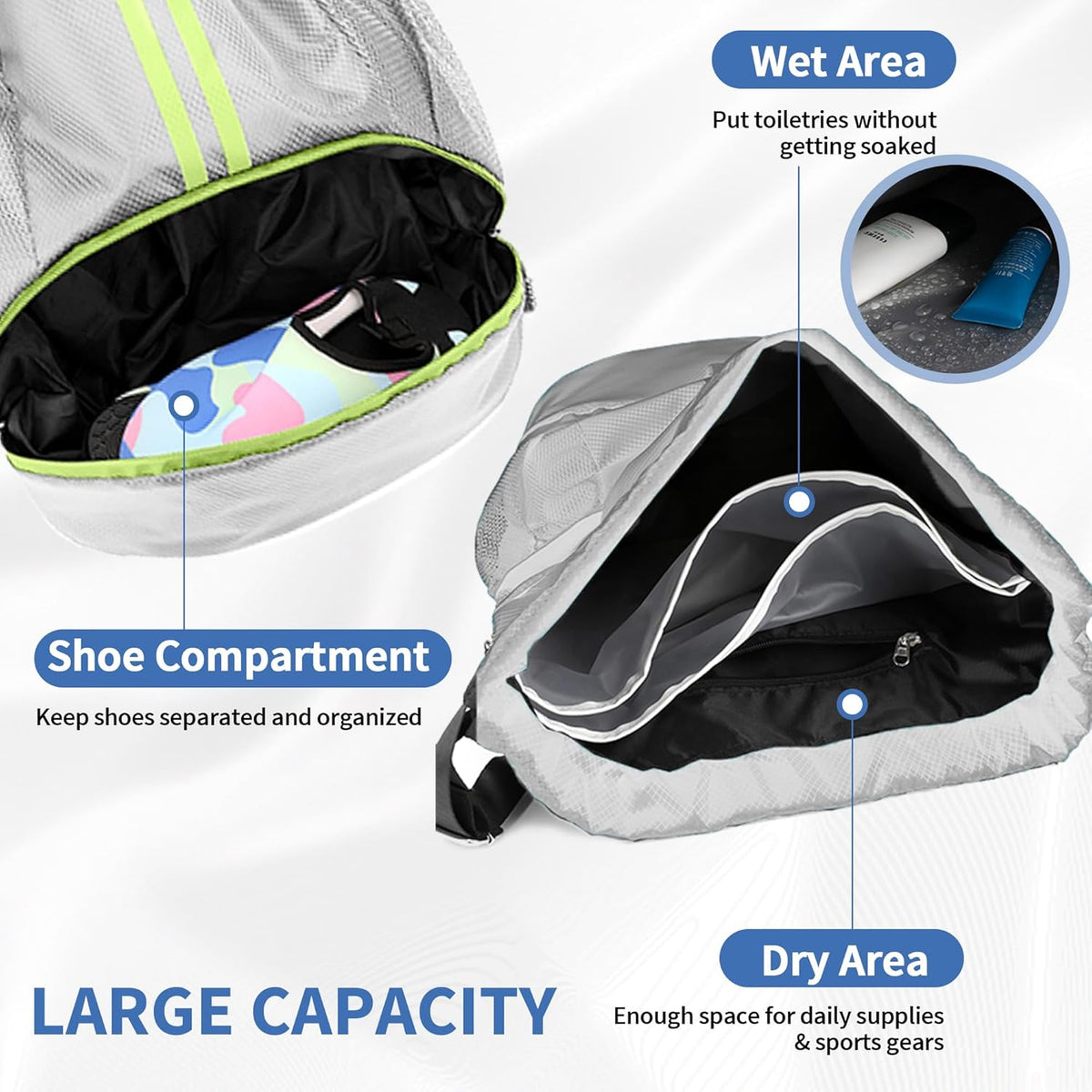 Drawstring Backpack Gym Bag with Shoes Compartment for Soccer, Basketball, Swim, Water-Resistant String Backpack Beach Cinch for Women Men