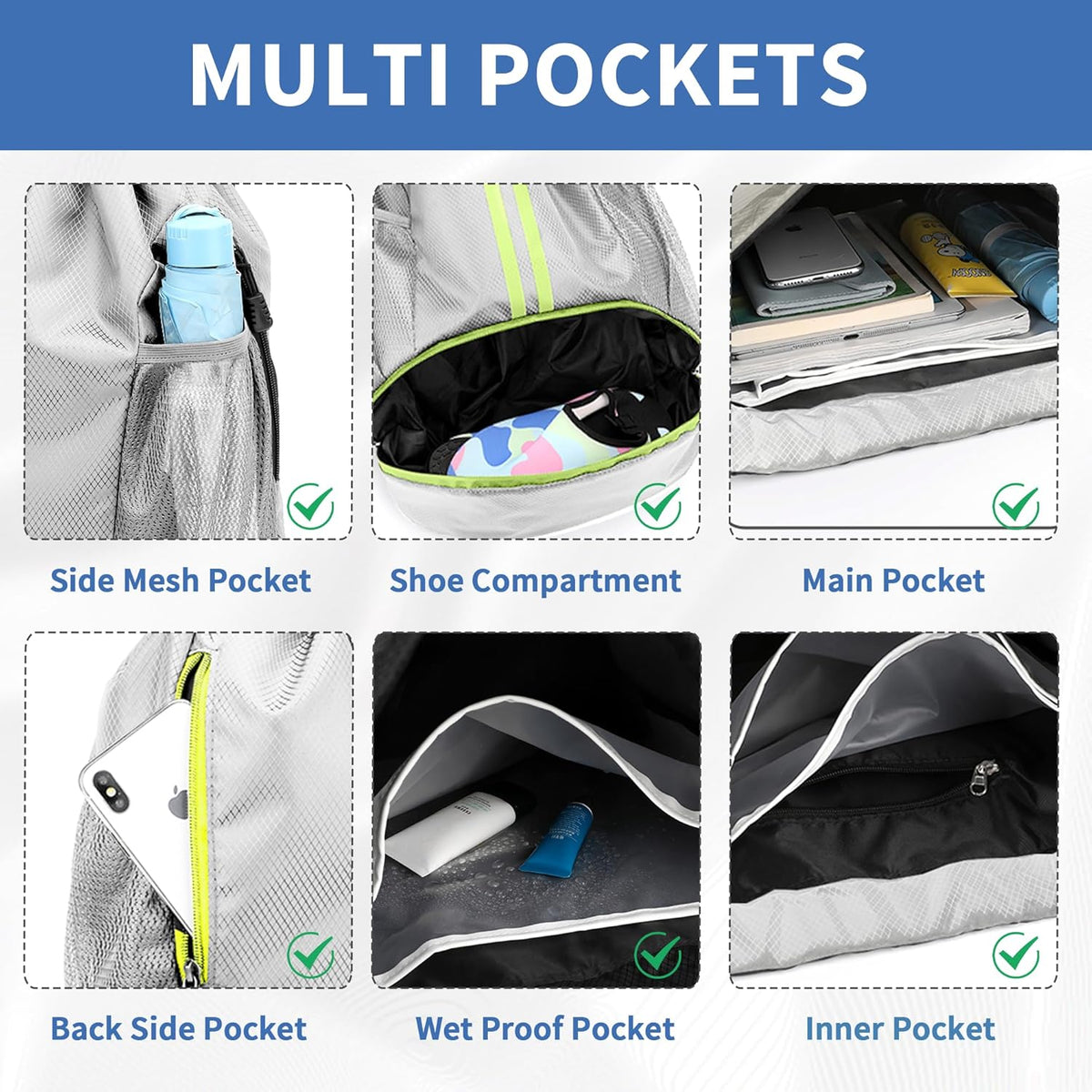 Drawstring Backpack Gym Bag with Shoes Compartment for Soccer, Basketball, Swim, Water-Resistant String Backpack Beach Cinch for Women Men