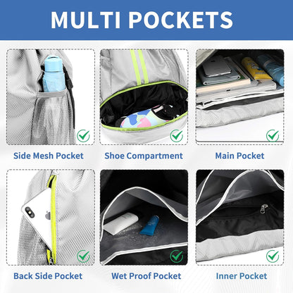 Drawstring Backpack Gym Bag with Shoes Compartment for Soccer, Basketball, Swim, Water-Resistant String Backpack Beach Cinch for Women Men