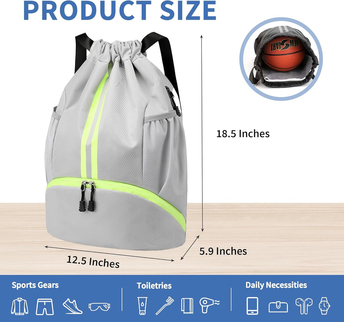 Drawstring Backpack Gym Bag with Shoes Compartment for Soccer, Basketball, Swim, Water-Resistant String Backpack Beach Cinch for Women Men