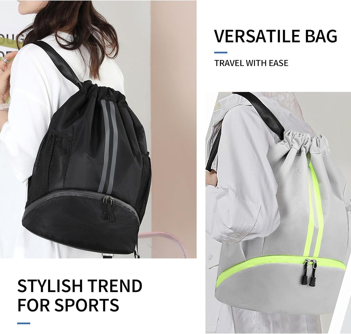 Drawstring Backpack Gym Bag with Shoes Compartment for Soccer, Basketball, Swim, Water-Resistant String Backpack Beach Cinch for Women Men