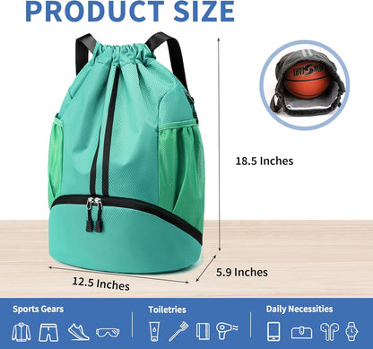 Drawstring Backpack Gym Bag with Shoes Compartment for Soccer, Basketball, Swim, Water-Resistant String Backpack Beach Cinch for Women Men